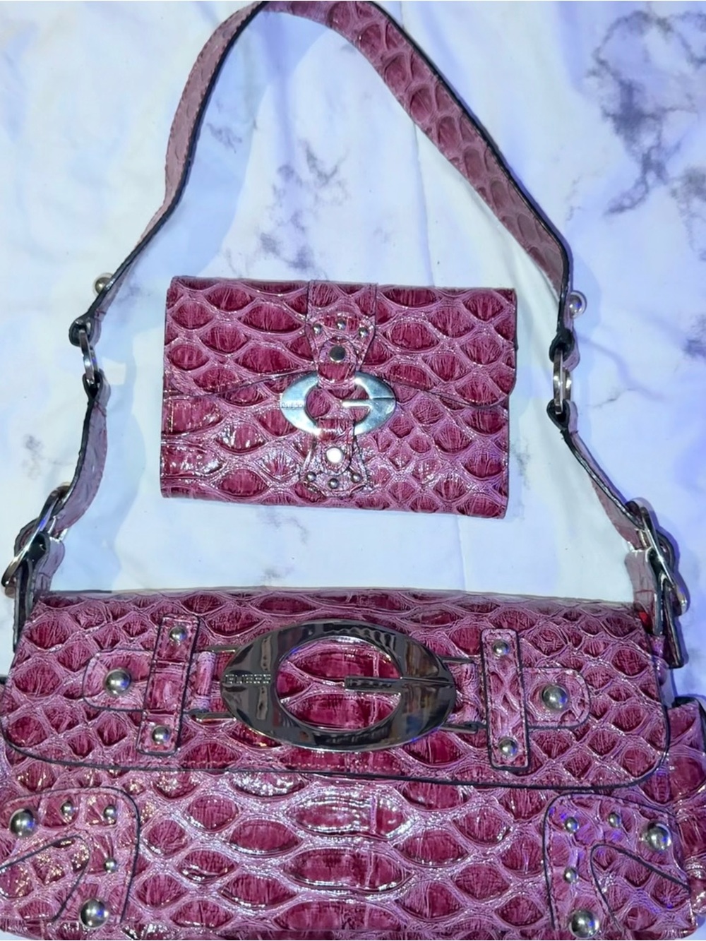 Guess Pinkish Purple Croc-Embossed Shoulder Bag with Matching Wallet